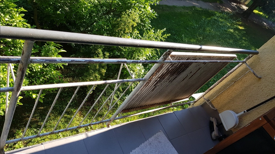 Rusty balcony railing overlooking garden (36889)